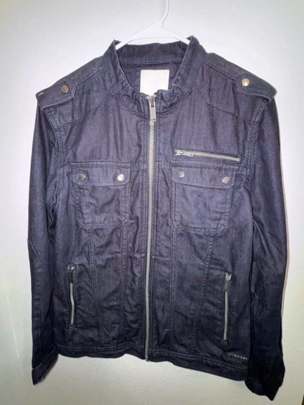Calvin Klein Jeans Moto Denim Jacket Mens L Navy Zip Biker